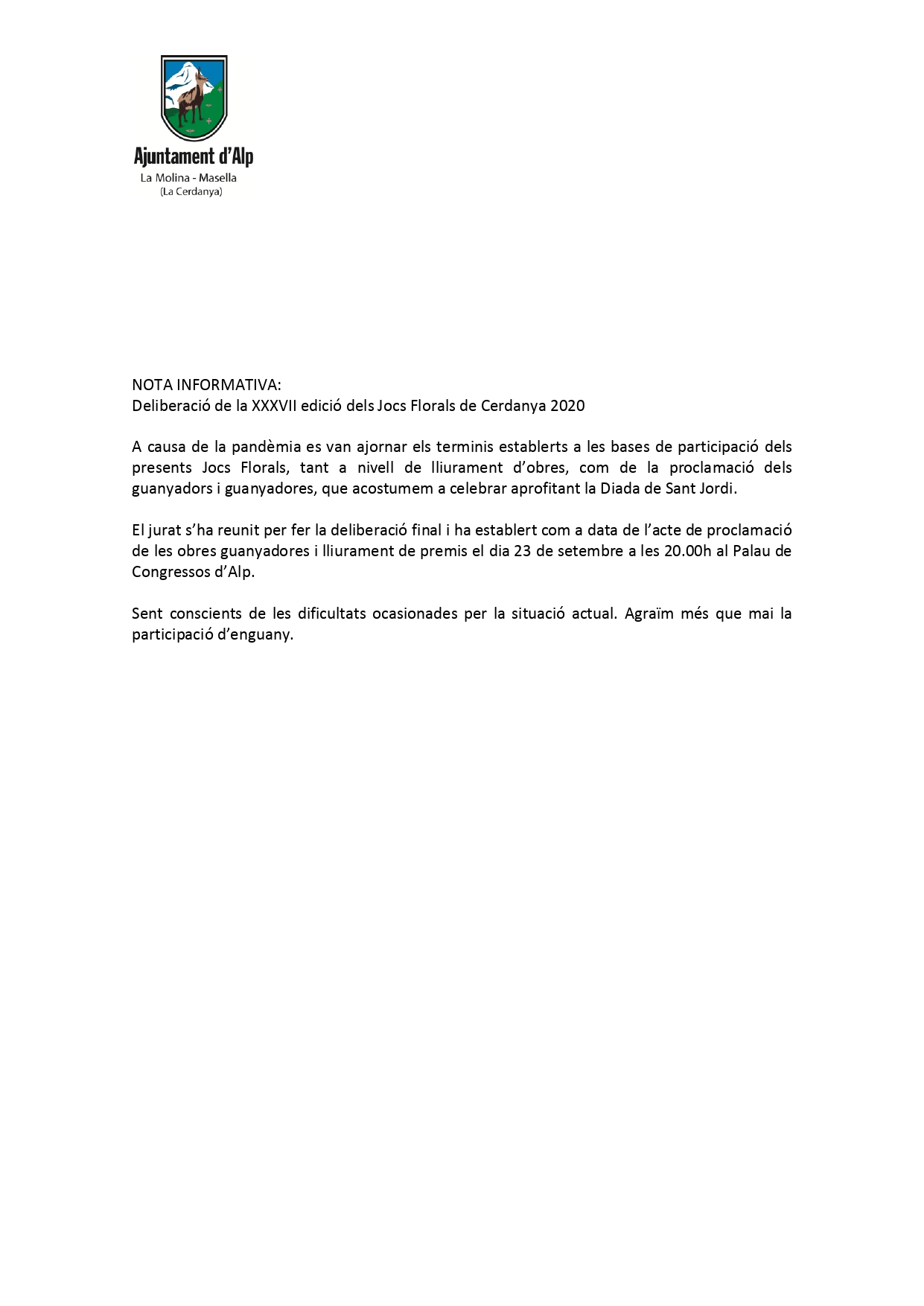 Nota informativa_Jocs Florals 2020 proclamació i lliurament de premis